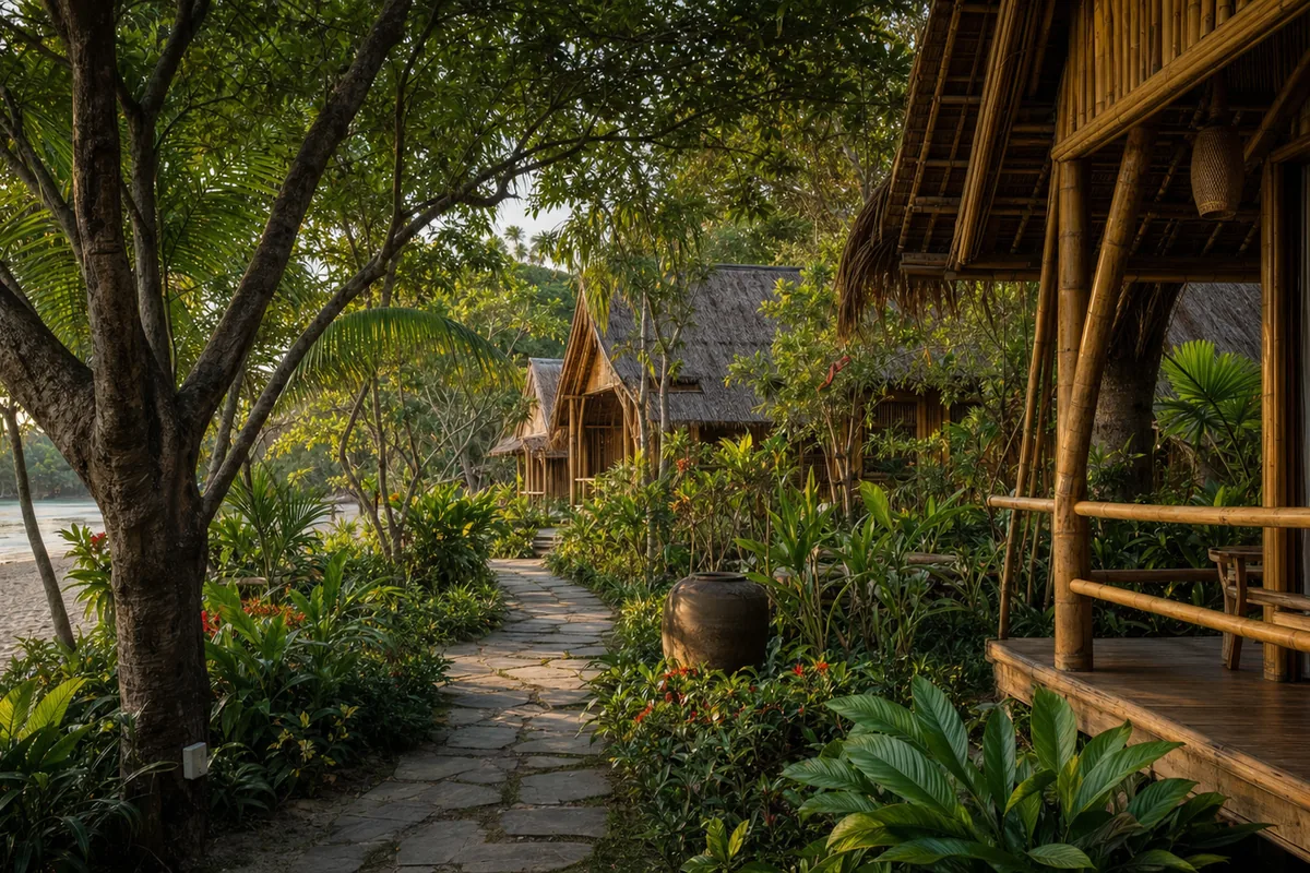 Stone garden path to bungalow lined with frangipani and banana palms, Phu Quoc