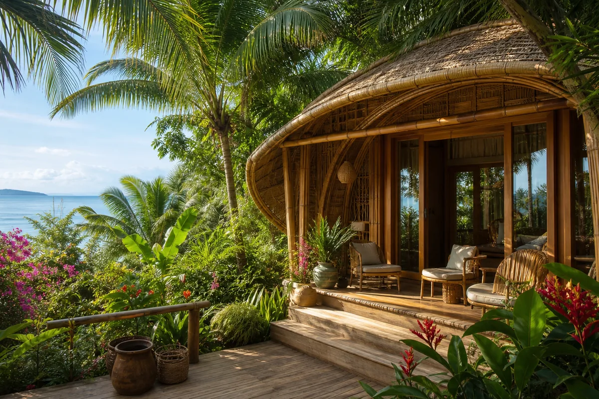 Garden bungalow Phu Quoc — tropical bamboo cabin surrounded by palms and frangipani