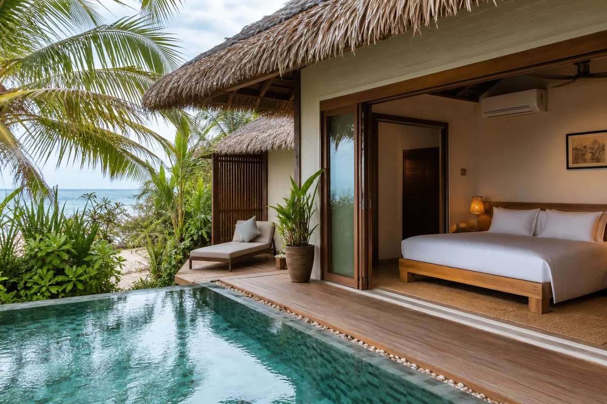 Pool Bungalow interior — king bed, bamboo ceiling, warm tropical lighting, Phu Quoc