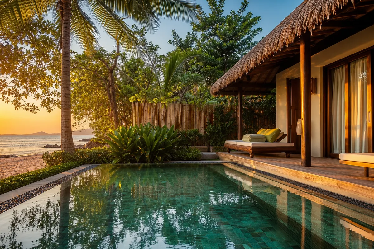 Sunset viewed from Pool Bungalow private deck at Ong Lang Beach, Phu Quoc — orange sky over the sea