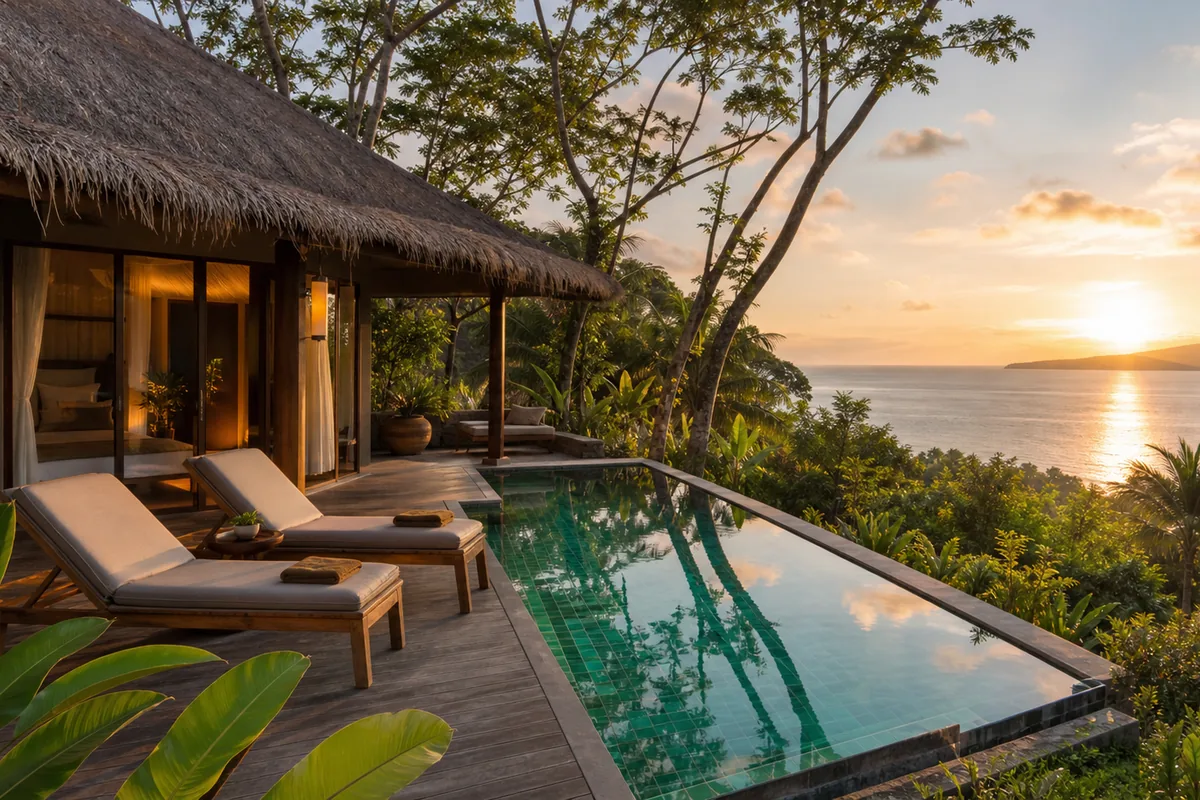 Pool bungalow Phu Quoc — private plunge pool surrounded by tropical palms